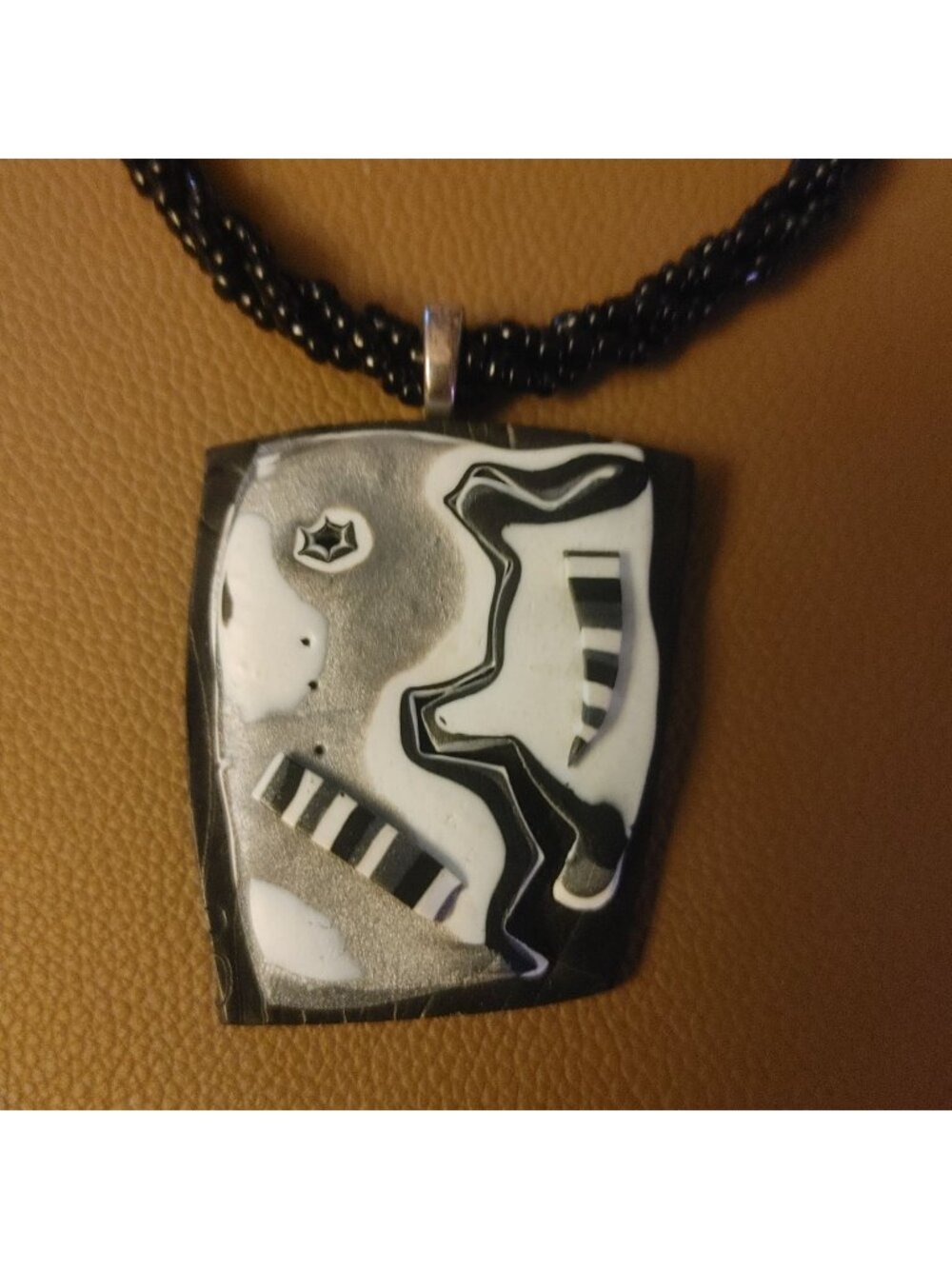 Abstract Black & White Polymer Clay Pendant Necklace With Beaded Cord Handmade M